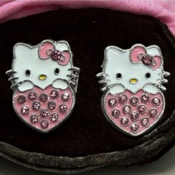 Hello Kitty Earrings Pink Rhinestone Enamel Heart Pierced Ears Cat Studs Jewelry - Picture 2 of 4